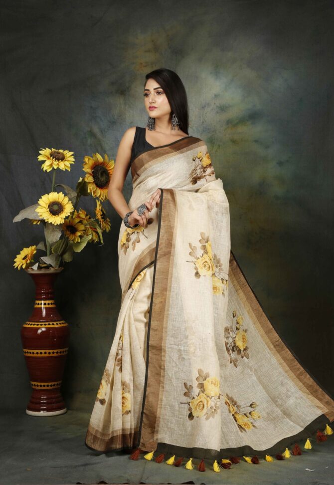 U.F Off white Floral Linen Print Saree