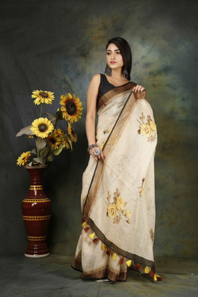 U.F Off white Floral Linen Print Saree
