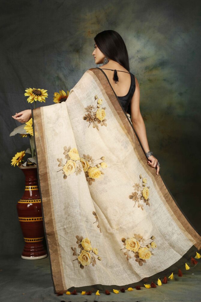 U.F Off white Floral Linen Print Saree
