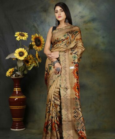 U.F Clay Brown Floral Tussar Digital-Print Saree