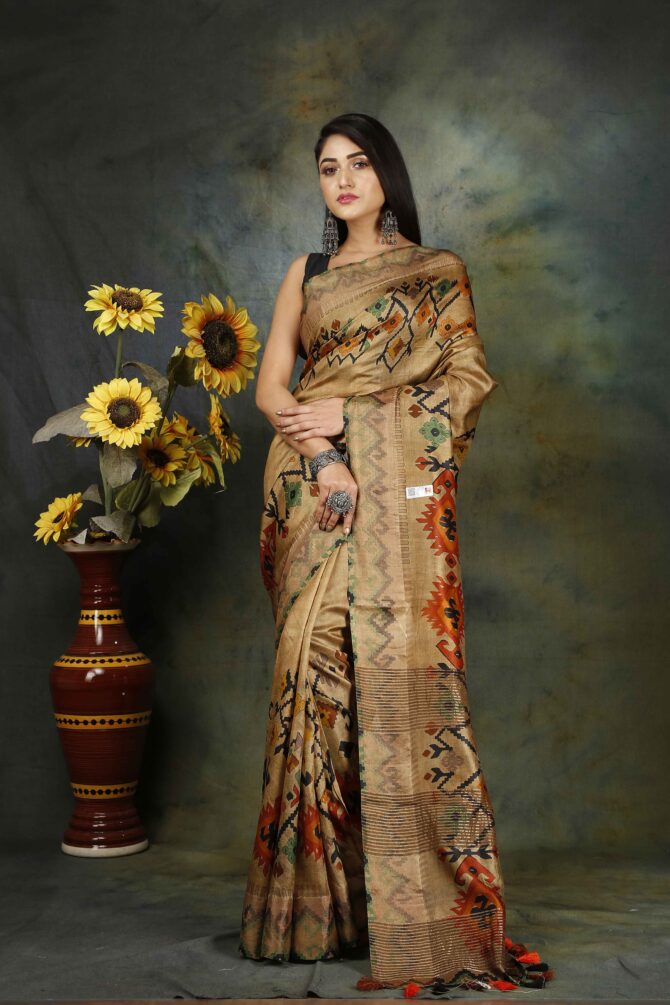 U.F Clay Brown Floral Tussar Digital-Print Saree