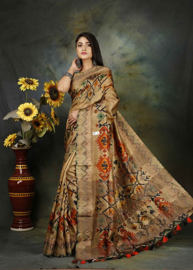 U.F Clay Brown Floral Tussar Digital-Print Saree