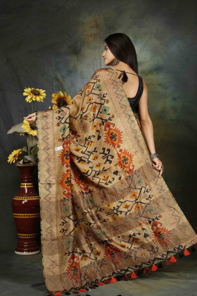 U.F Clay Brown Floral Tussar Digital-Print Saree
