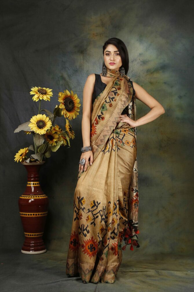 U.F Clay Brown Floral Tussar Digital-Print Saree