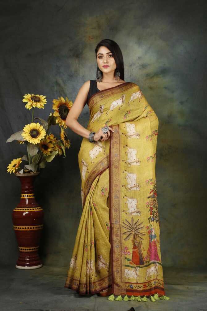 U.F Muted Green Pichwai Kalamkari Linen Print Saree