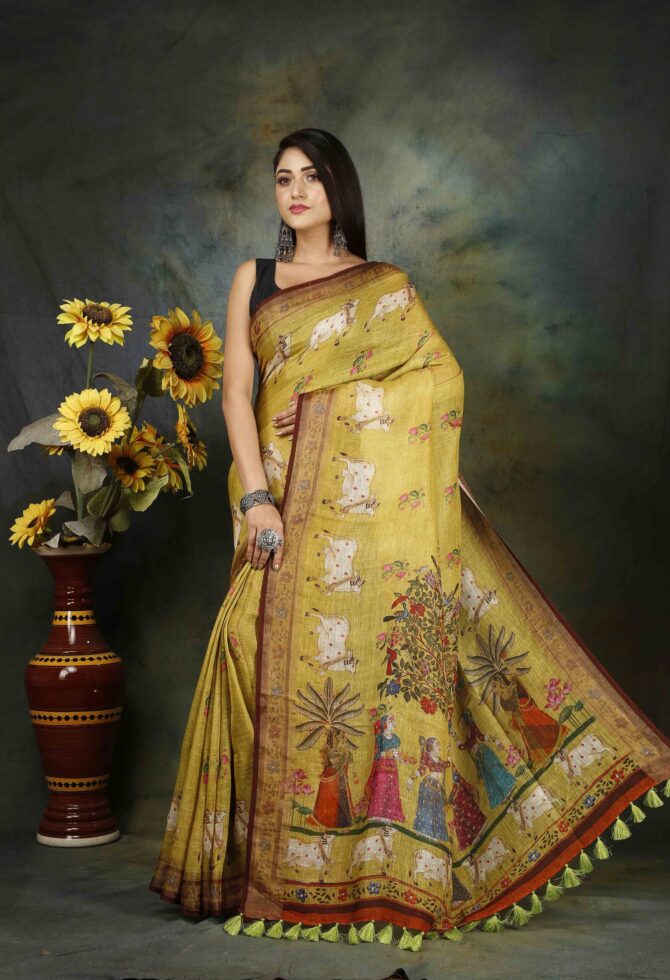 U.F Muted Green Pichwai Kalamkari Linen Print Saree