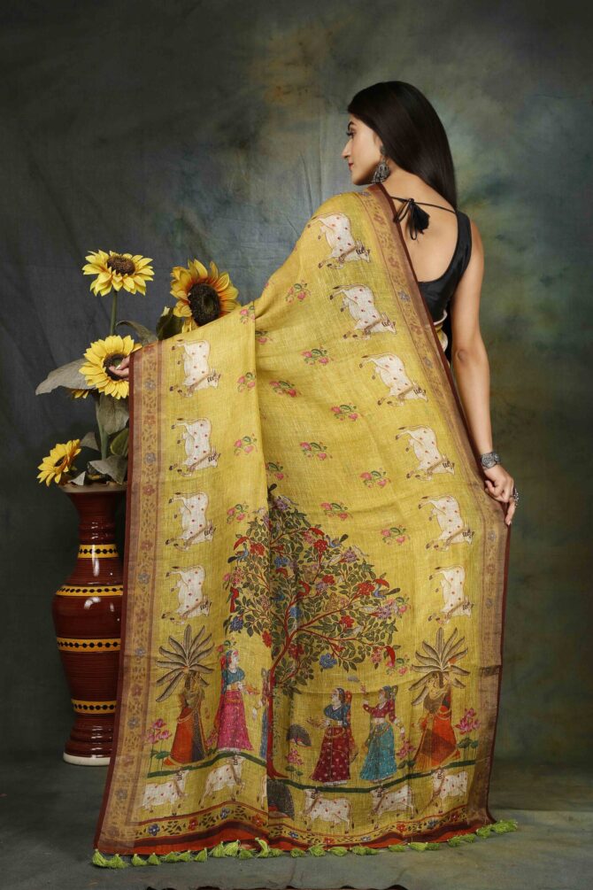 U.F Muted Green Pichwai Kalamkari Linen Print Saree