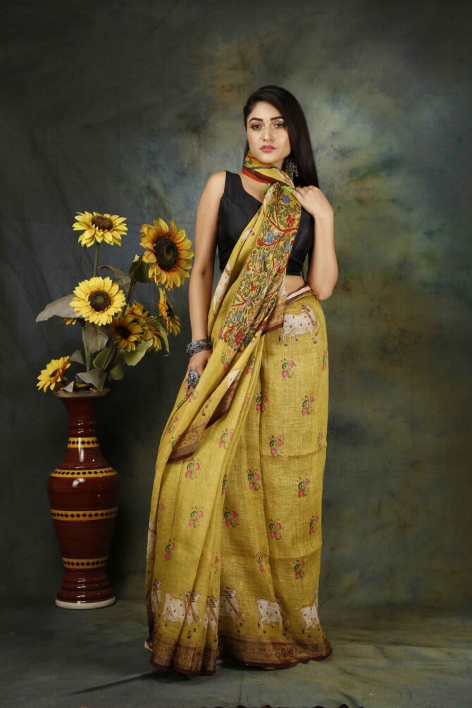 U.F Muted Green Pichwai Kalamkari Linen Print Saree