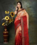 U.F Gradient Red Floral Linen Digital Print Saree