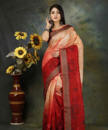U.F Gradient Red Floral Linen Digital Print Saree