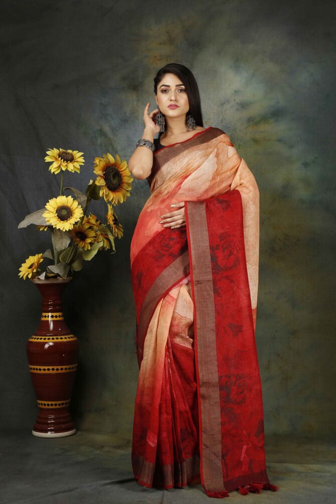 U.F Gradient Red Floral Linen Digital Print Saree