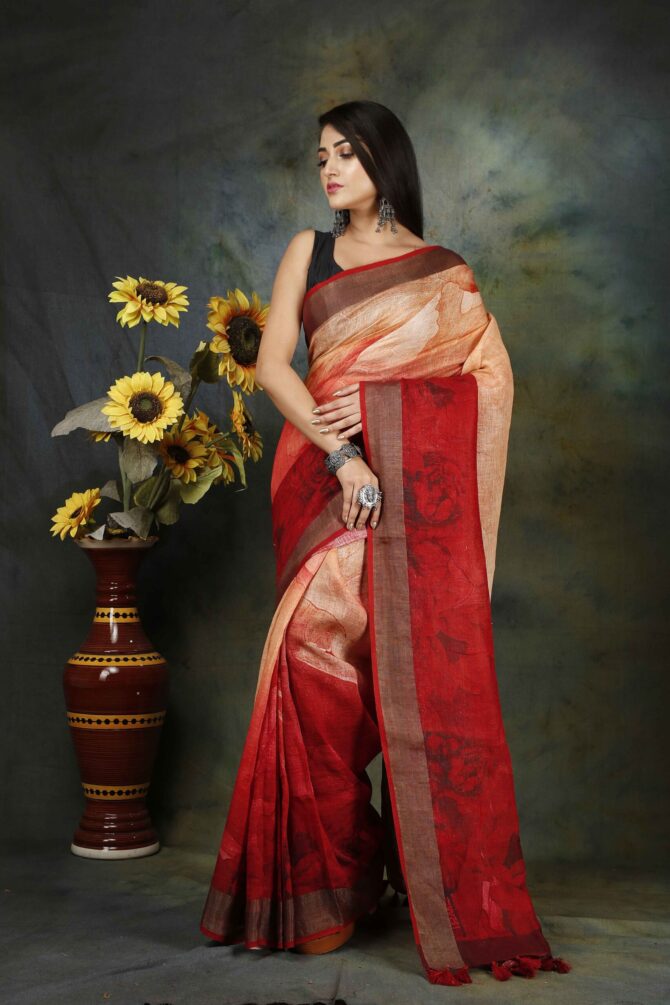 U.F Gradient Red Floral Linen Digital Print Saree
