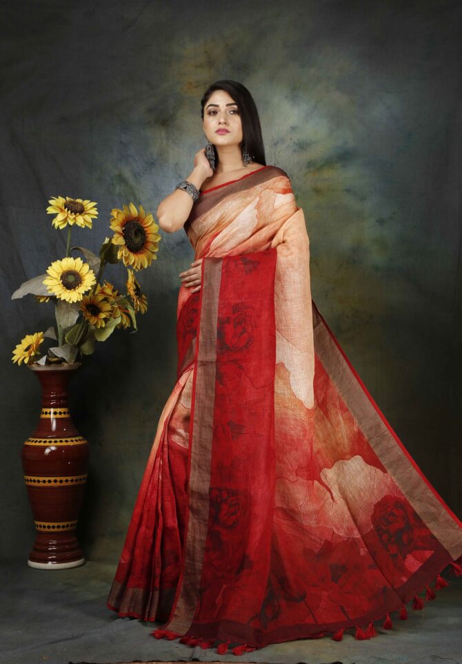 U.F Gradient Red Floral Linen Digital Print Saree