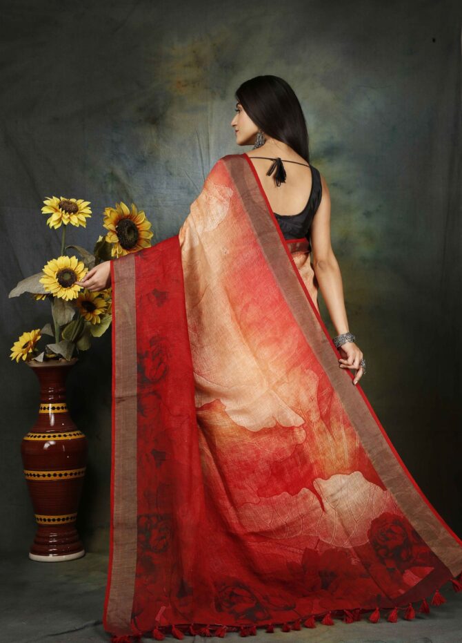 U.F Gradient Red Floral Linen Digital Print Saree