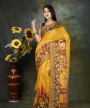 U.F Yellow Raja Maharaja Kalamkari Linen Print Saree