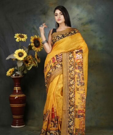 U.F Yellow Raja Maharaja Kalamkari Linen Print Saree