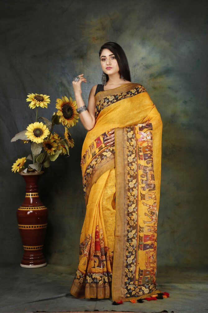 U.F Yellow Raja Maharaja Kalamkari Linen Print Saree