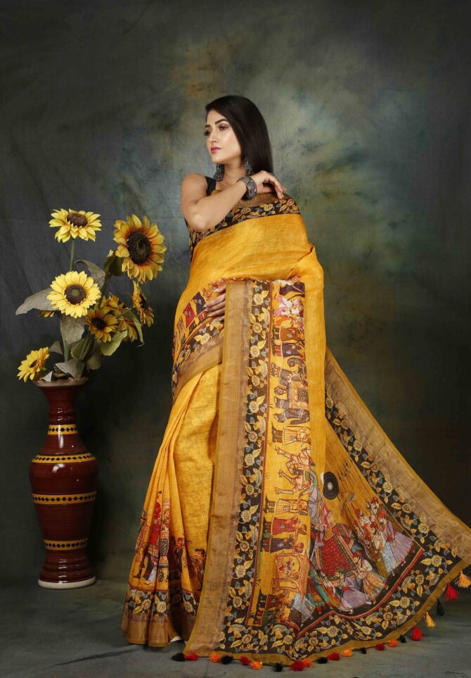 U.F Yellow Raja Maharaja Kalamkari Linen Print Saree