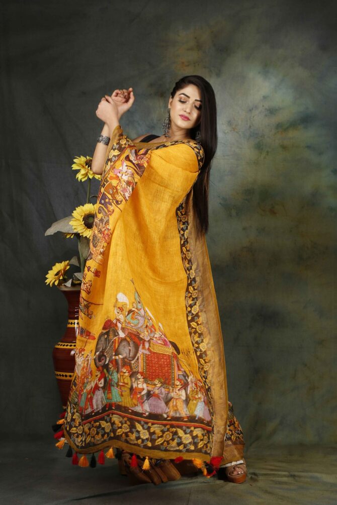 U.F Yellow Raja Maharaja Kalamkari Linen Print Saree