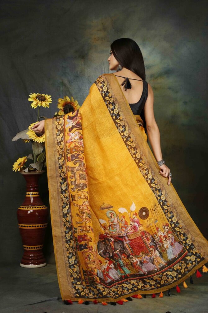 U.F Yellow Raja Maharaja Kalamkari Linen Print Saree