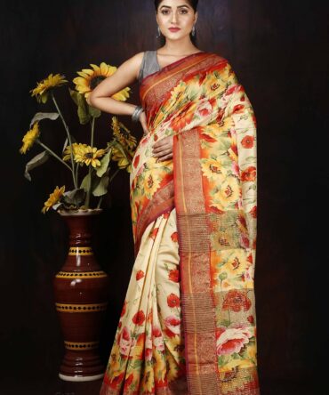 Cream Floral Mulbury Silk Tussar Digital Print Saree