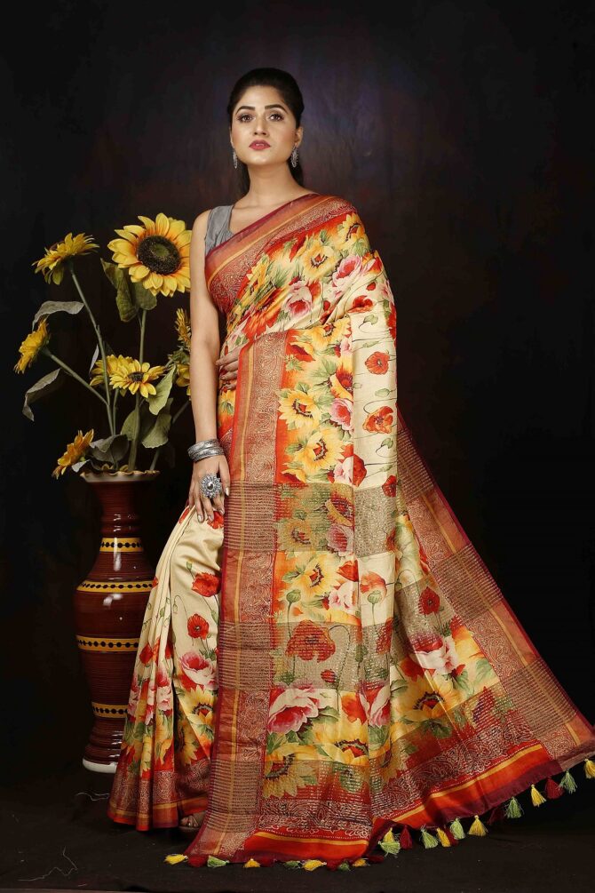 Cream Floral Mulbury Silk Tussar Digital Print Saree