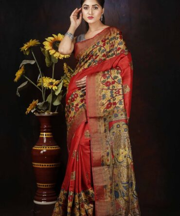 Red Kalamkari Tussar Mulbury Silk Digital Print saree