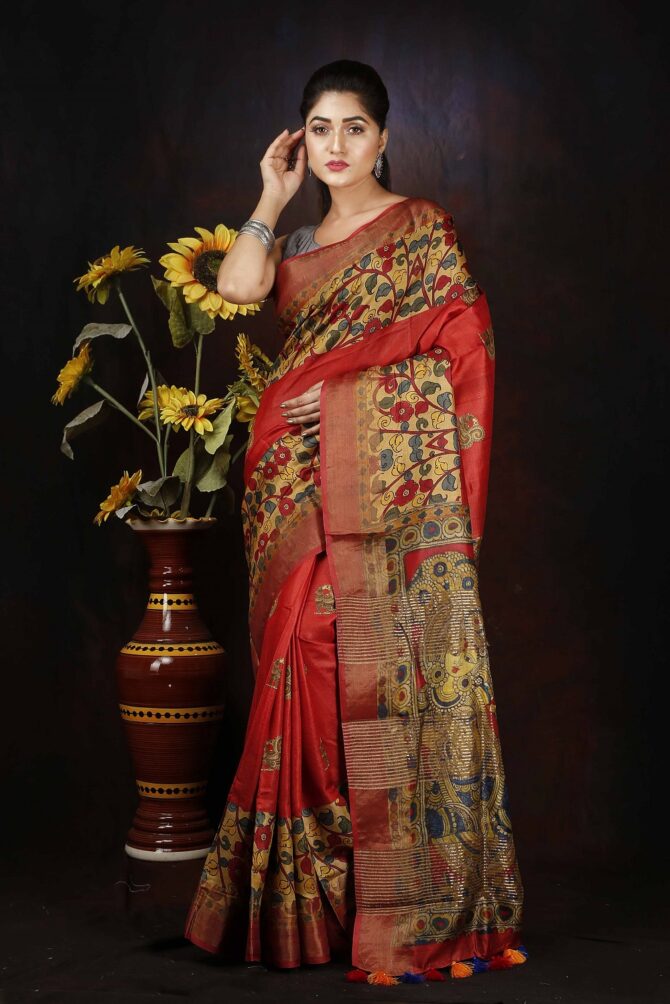 Red Kalamkari Tussar Mulbury Silk Digital Print saree