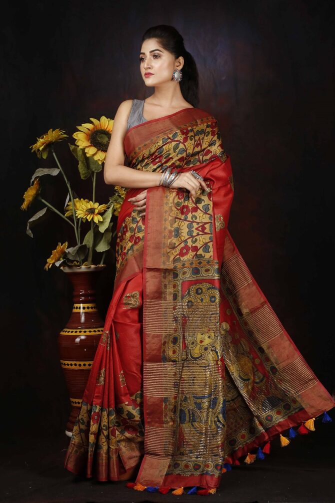 Red Kalamkari Tussar Mulbury Silk Digital Print saree