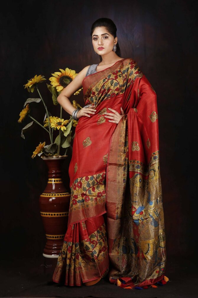 Red Kalamkari Tussar Mulbury Silk Digital Print saree