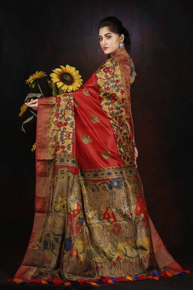 Red Kalamkari Tussar Mulbury Silk Digital Print saree