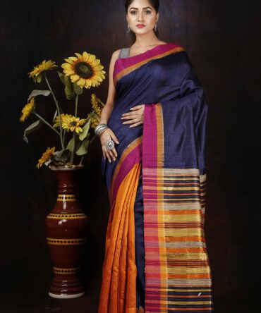 Violet Multicolour Dupion Silk Stripped Saree