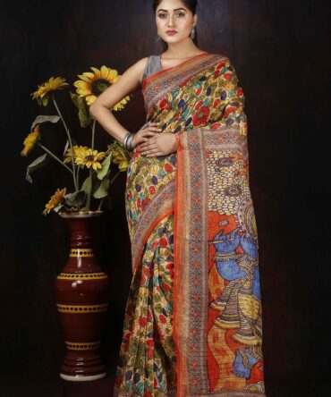 Multicolour Radhe Krishna Floral Silk Linen Digital Print Saree