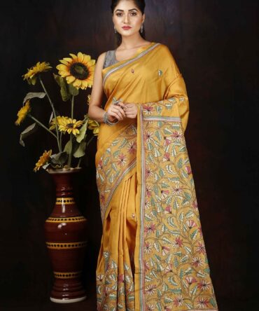 Saffron Yellow Floral Tussar Digital Print Saree