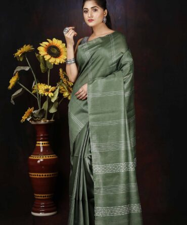 Silver Green Semi Silk Solid Saree