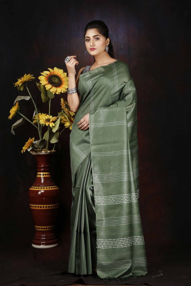 Silver Green Semi Silk Solid Saree