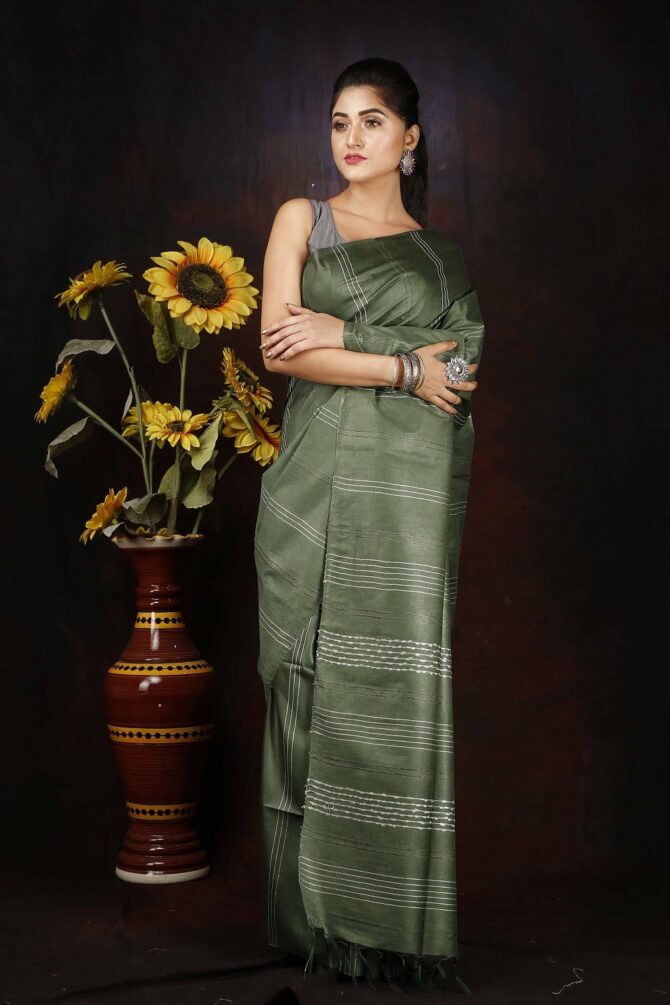 Silver Green Semi Silk Solid Saree