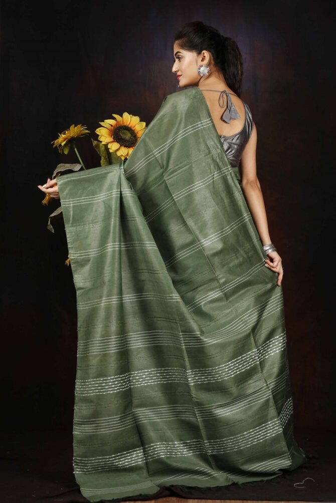 Silver Green Semi Silk Solid Saree