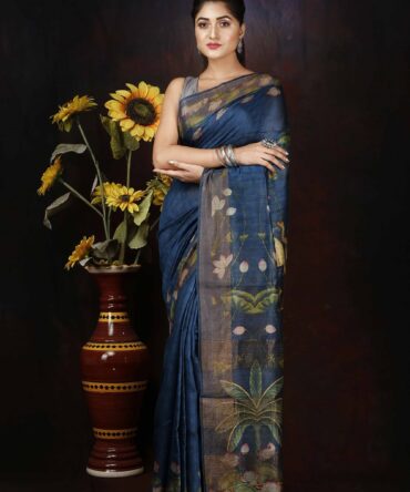 Dark Sapphire Lotus Pichwai Floral Tussar Digital Print Shwai