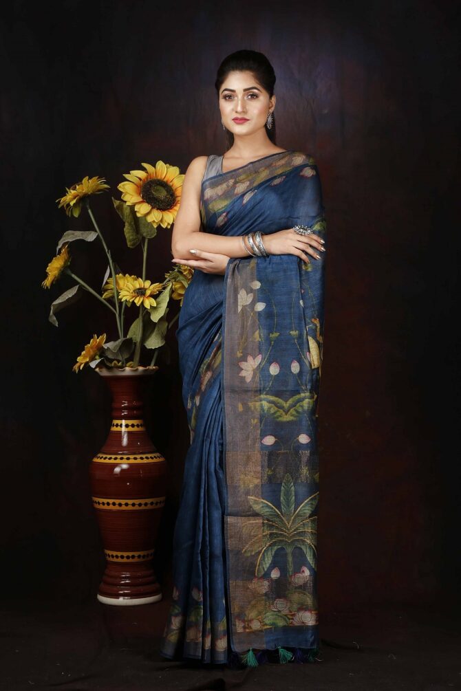 Dark Sapphire Lotus Pichwai Floral Tussar Digital Print Shwai