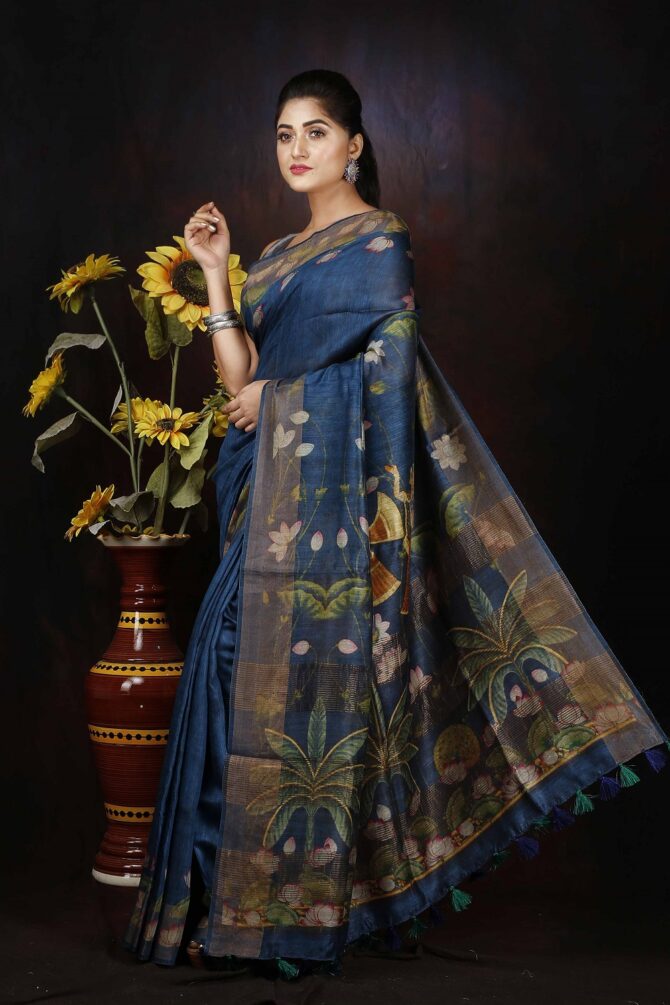 Dark Sapphire Lotus Pichwai Floral Tussar Digital Print Shwai