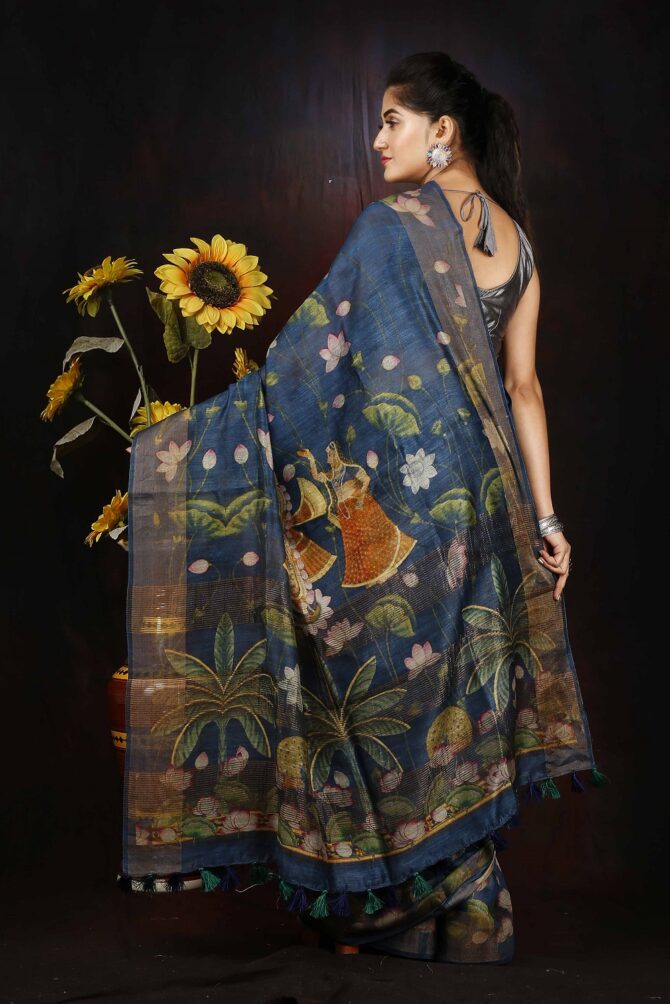 Dark Sapphire Lotus Pichwai Floral Tussar Digital Print Shwai