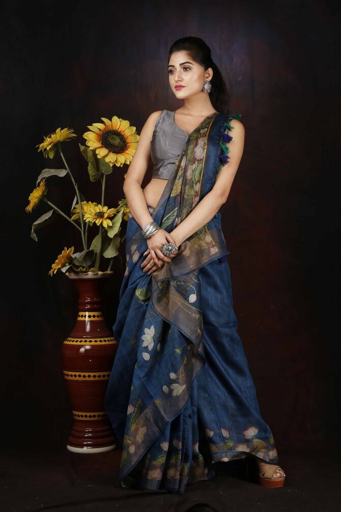 Dark Sapphire Lotus Pichwai Floral Tussar Digital Print Shwai