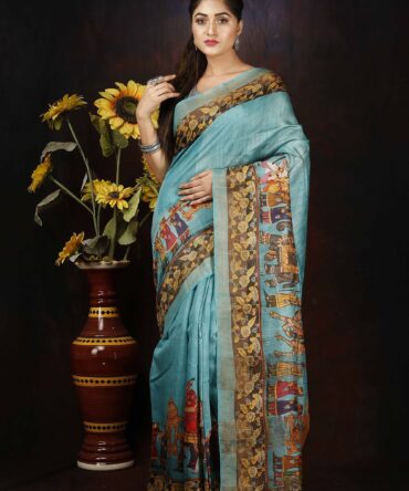 Celeste Blue Raja Maharaja Kalamkari Tussar Digital Print Saree