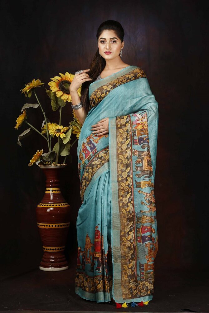 Celeste Blue Raja Maharaja Kalamkari Tussar Digital Print Saree