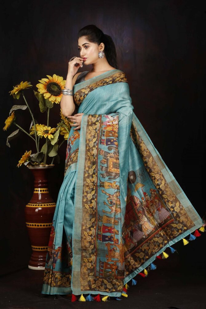 Celeste Blue Raja Maharaja Kalamkari Tussar Digital Print Saree