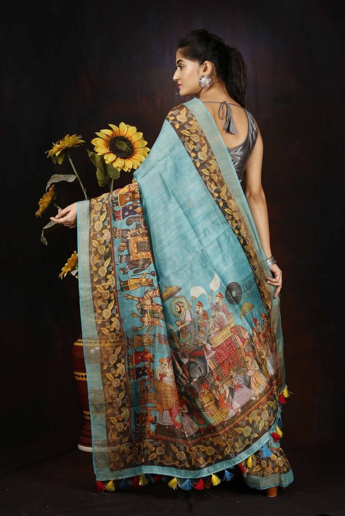 Celeste Blue Raja Maharaja Kalamkari Tussar Digital Print Saree