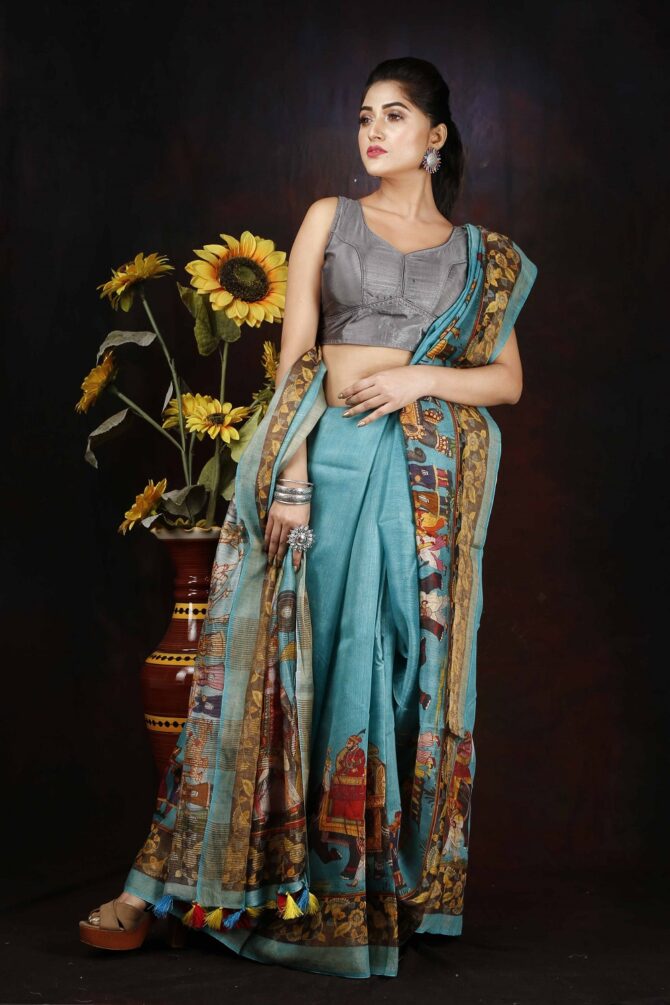Celeste Blue Raja Maharaja Kalamkari Tussar Digital Print Saree