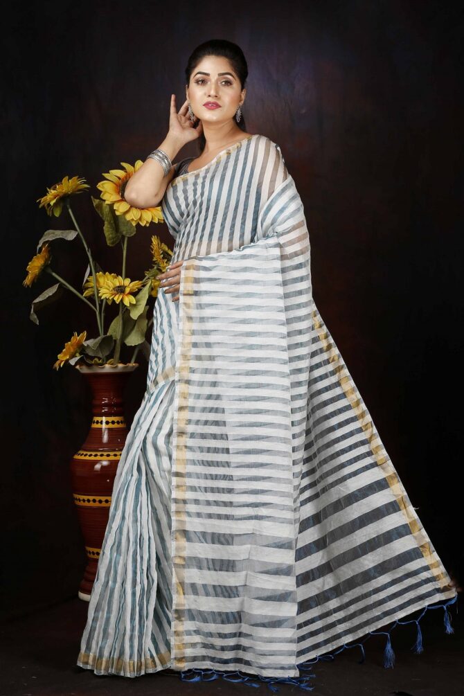 Silver Tissue Linen Solid Saree