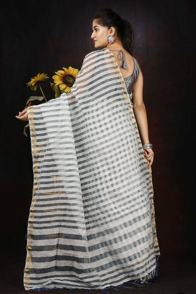 Silver Tissue Linen Solid Saree